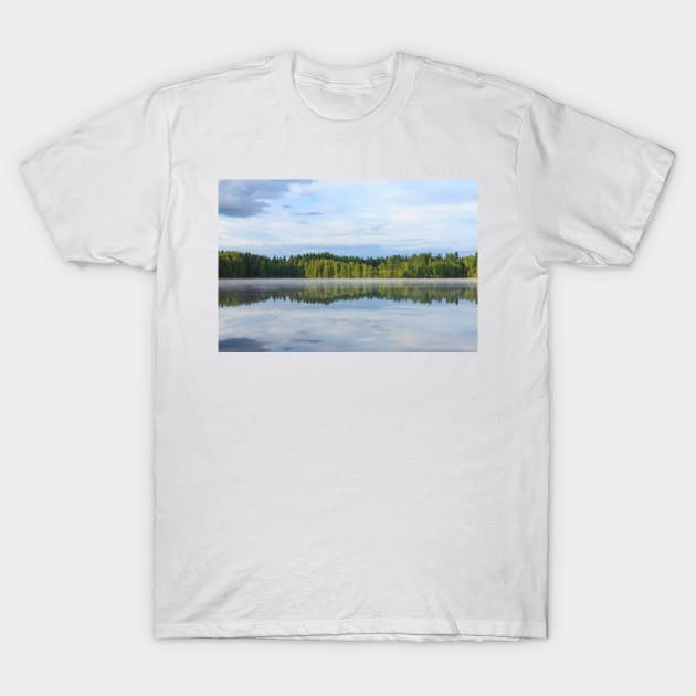 Summer lake scape at morning T-Shirt by Juhku